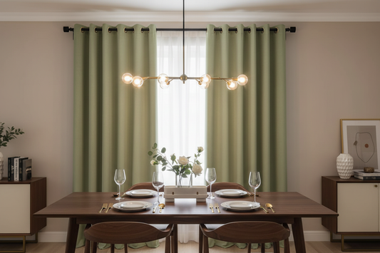 Salle à manger avec rideaux SYLVESTRA vert olive et anneaux