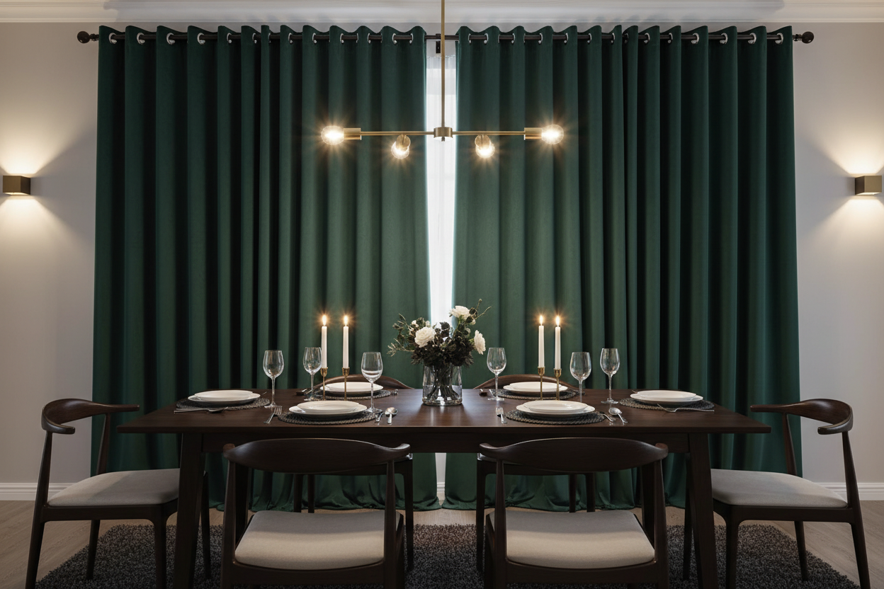 Salle à manger avec rideaux velours VIRIDIAN vert foncé et anneaux