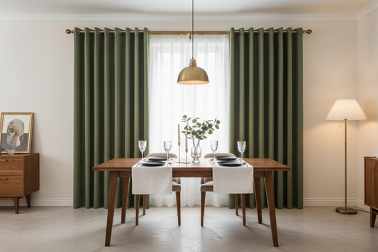 Salle à manger avec rideaux VERANO vert clair et anneaux