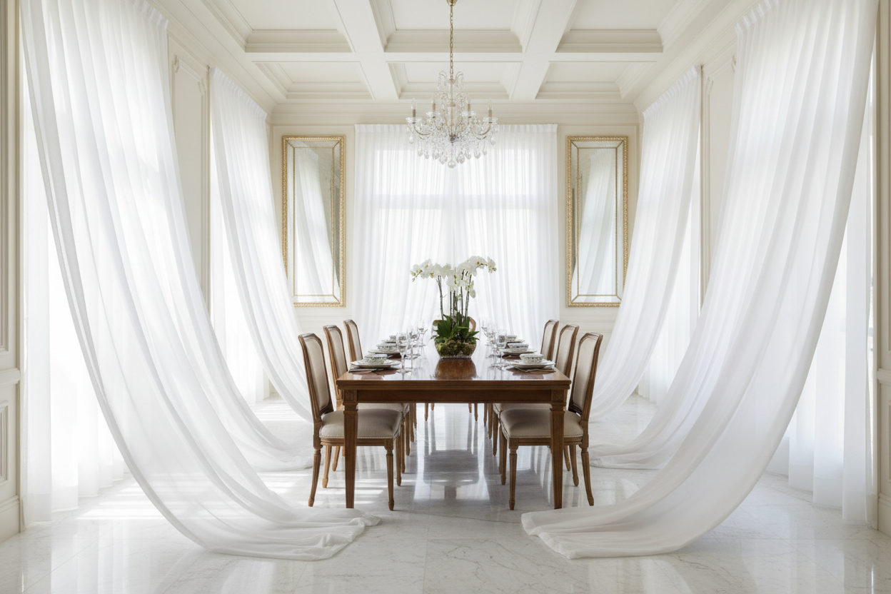 Salle à manger avec voilages blancs