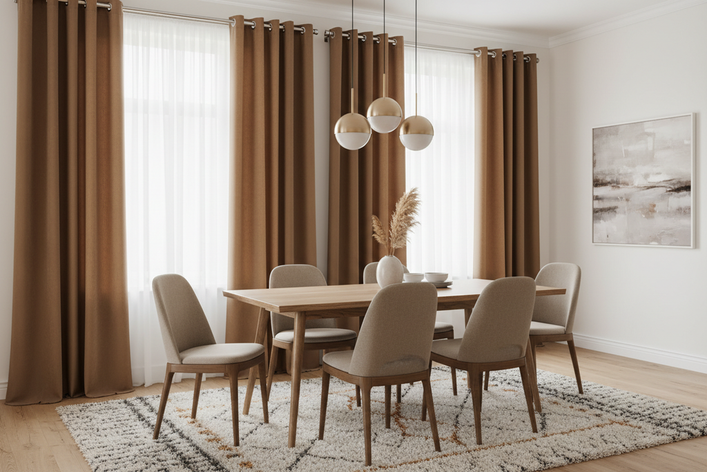 Salle à manger élégante avec rideaux marron