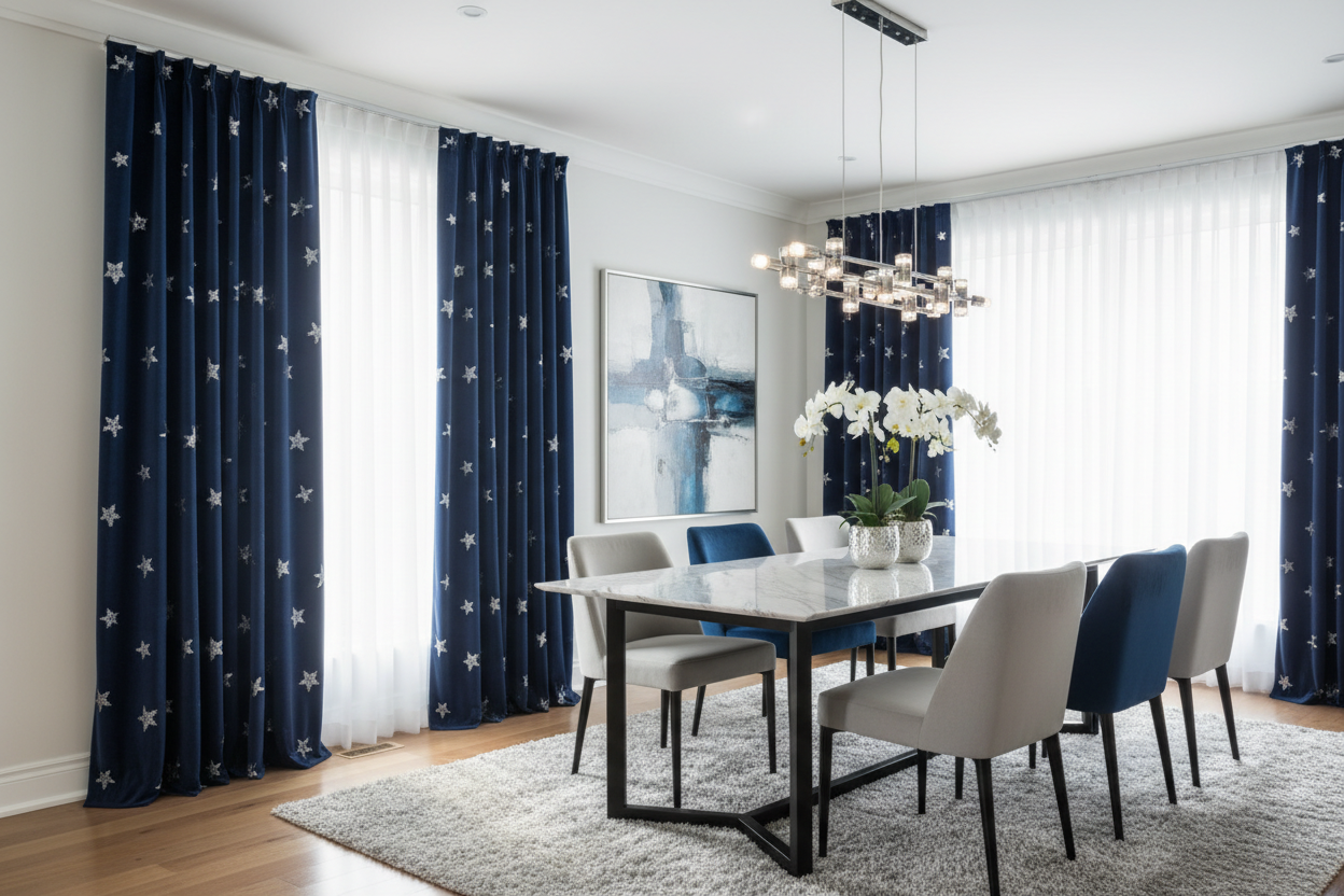 Salle à manger rideaux bleu marine étoiles