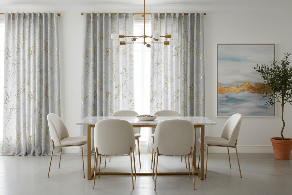 Salle à manger rideaux gris