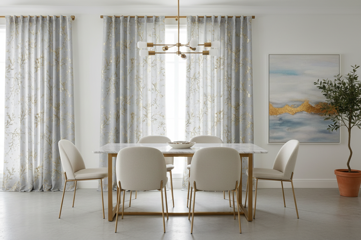 Salle à manger rideaux gris