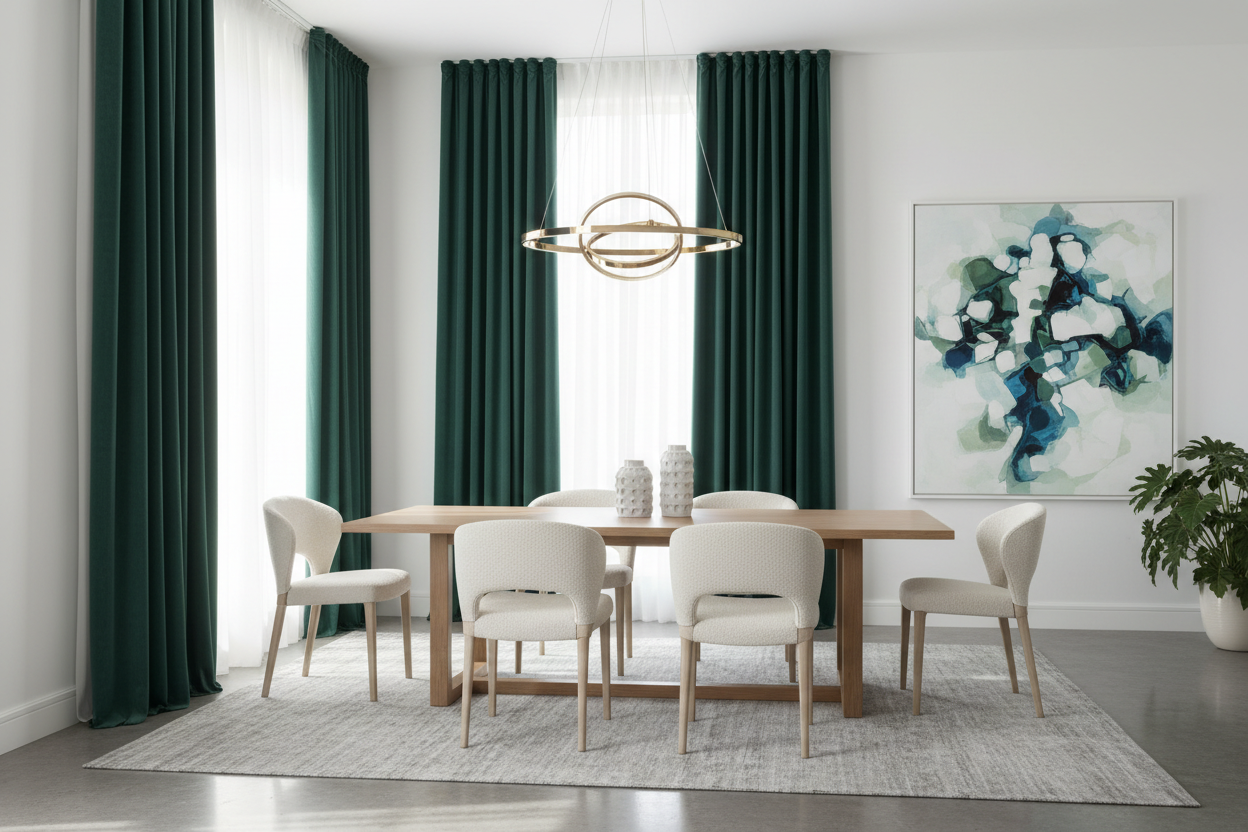 Salle à manger rideaux vert émeraude