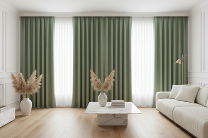 Salon avec rideau vert romarin AURA