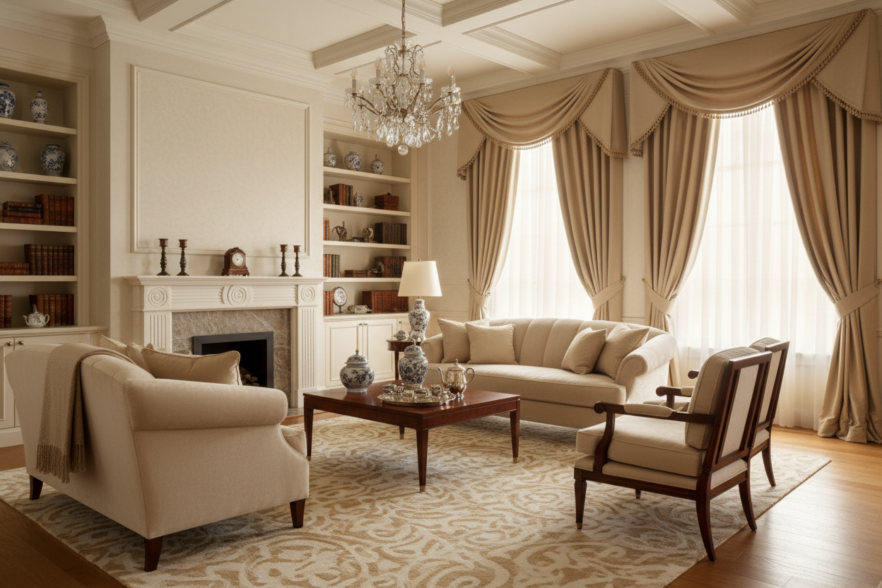 Salon avec rideaux beige élégants