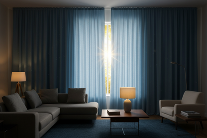 Salon avec rideaux bleu clair bloquant fortement la lumière