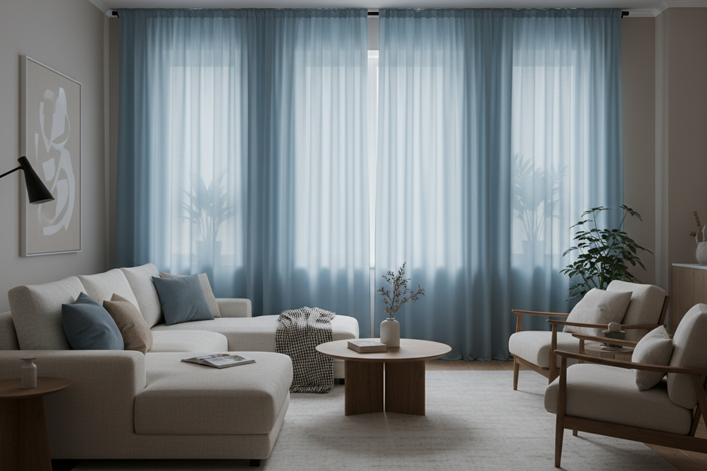 Salon avec rideaux bleu clair bloquant la lumière
