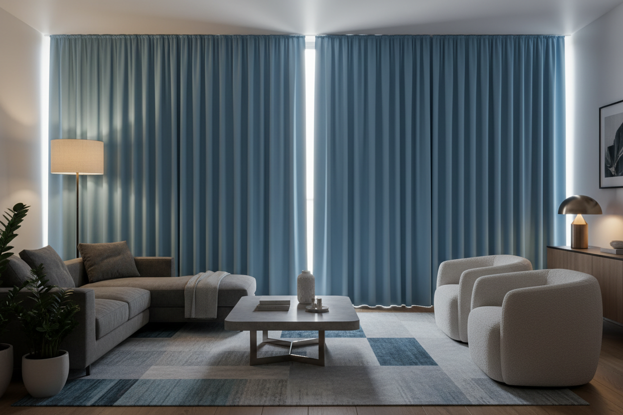 Salon avec rideaux bleu clair occultants