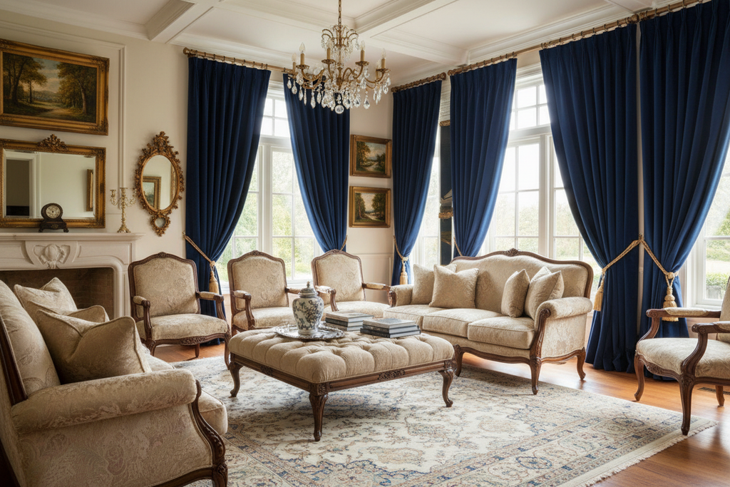 Salon avec rideaux bleu marine