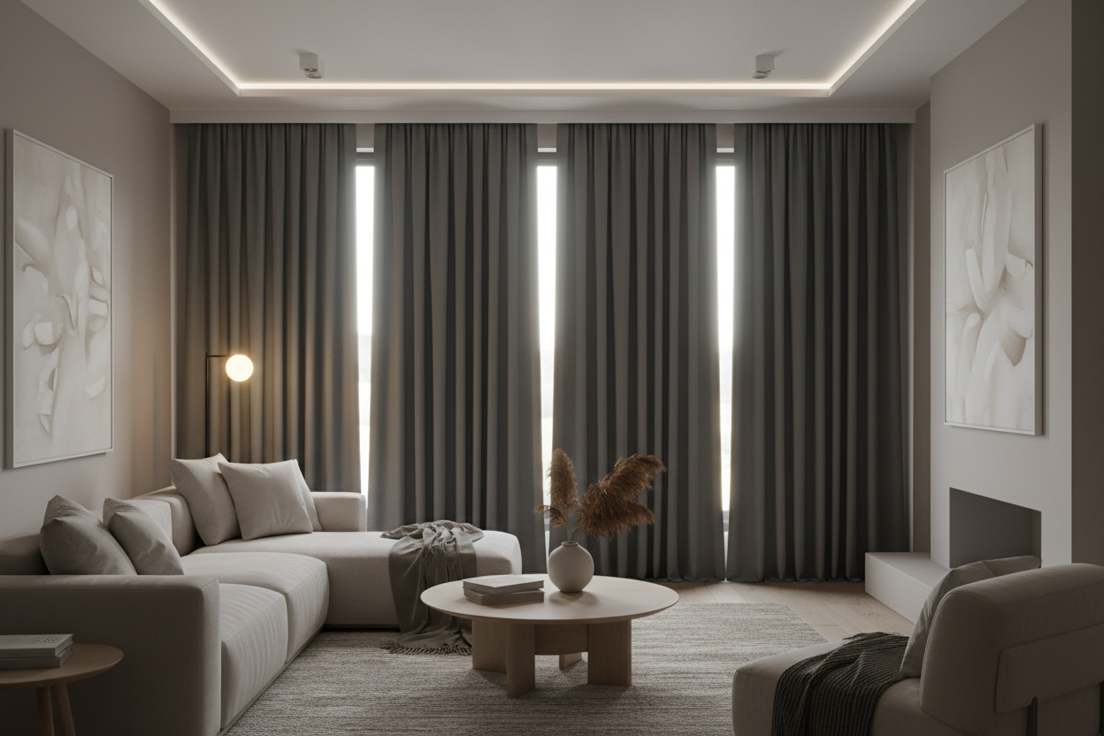 Salon avec rideaux gris foncé bloquant la lumière