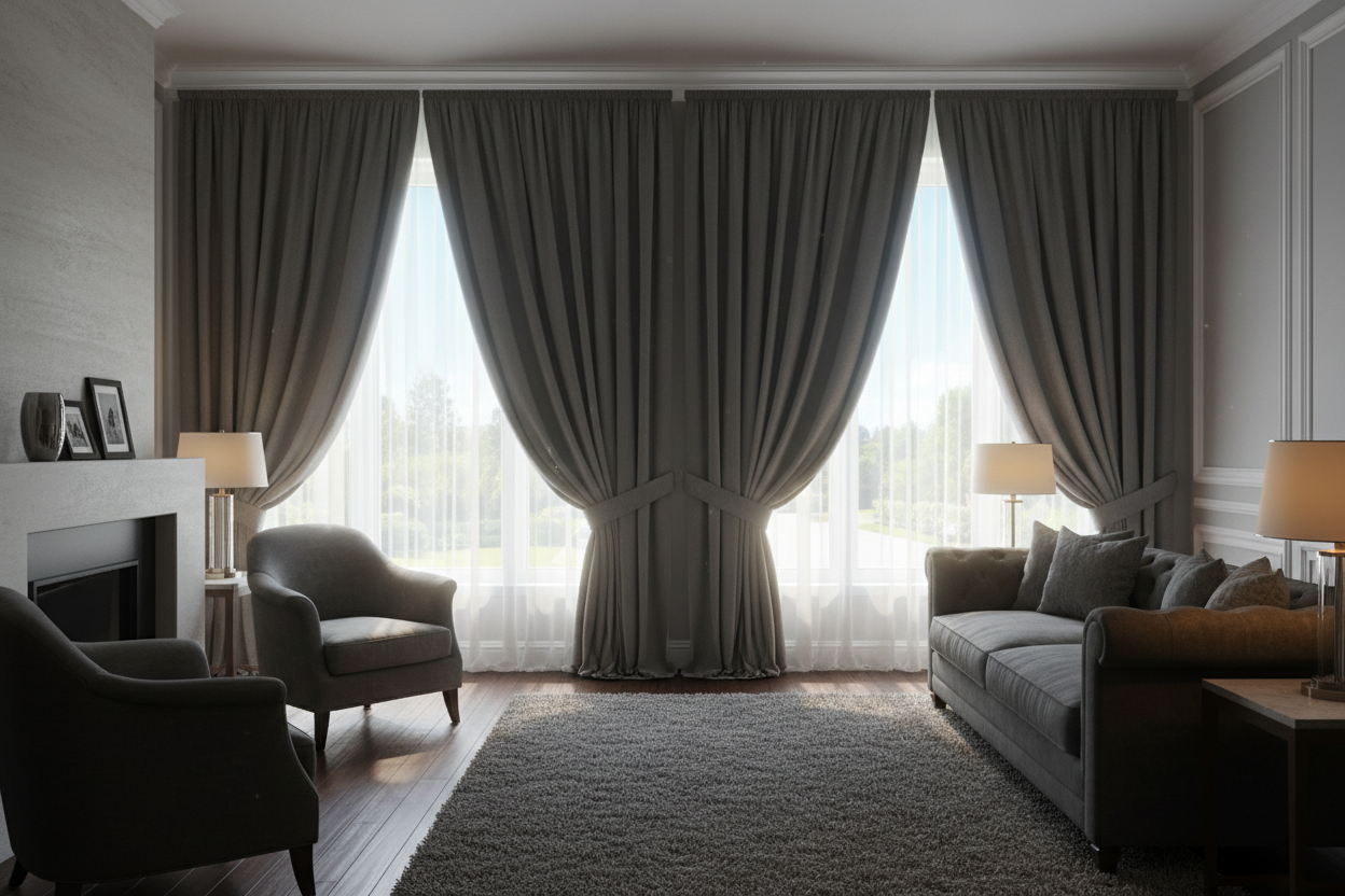 Salon avec rideaux gris foncé bloquant soleil