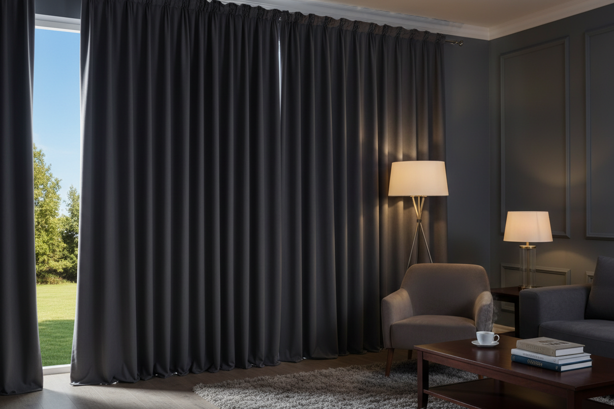 Salon avec rideaux gris foncé bloquant soleil