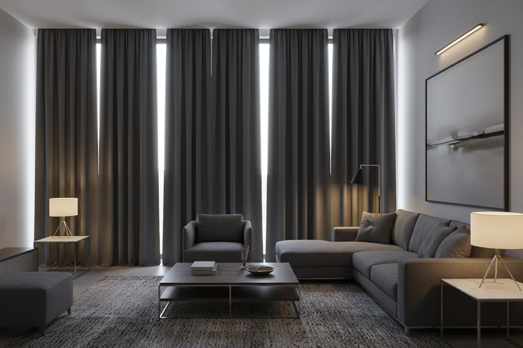 Salon avec rideaux gris foncé occultants