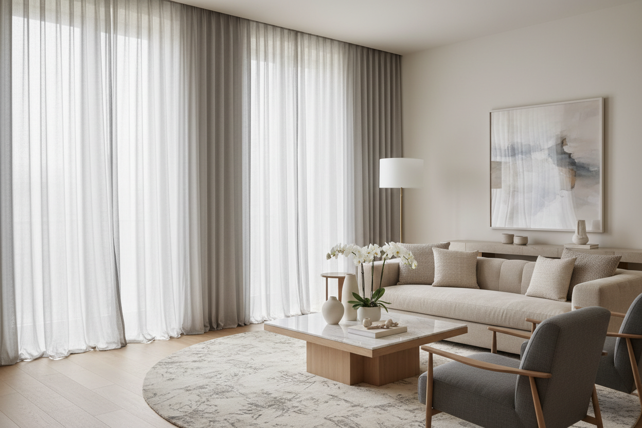 Salon avec rideaux gris perle