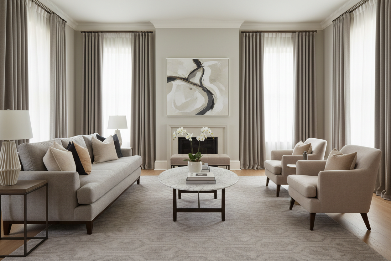 Salon avec rideaux gris taupe