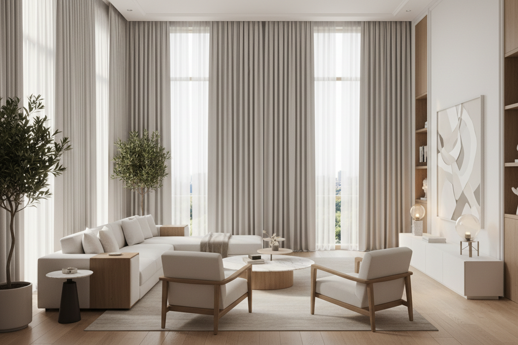 Salon avec rideaux gris