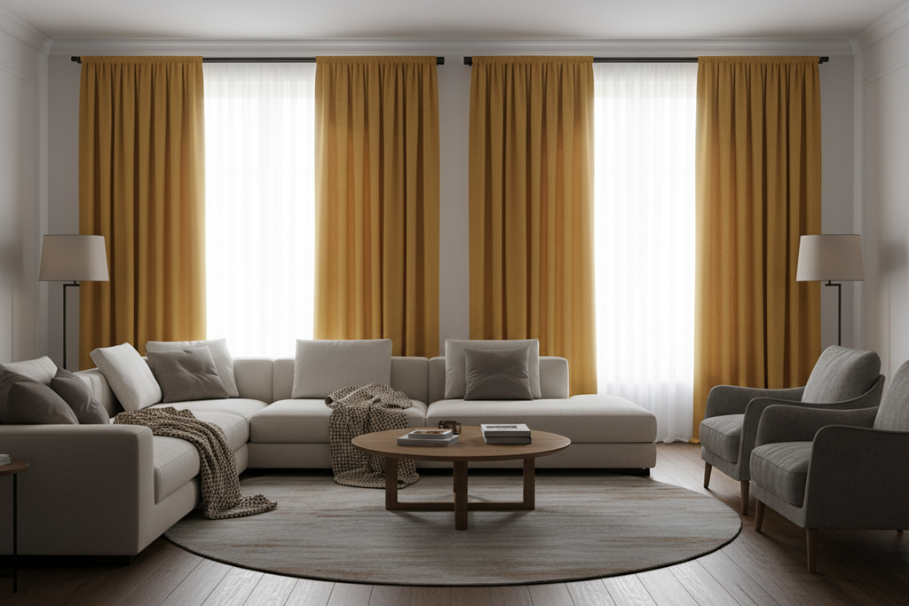 Salon avec rideaux jaune moutarde bloquant la lumière