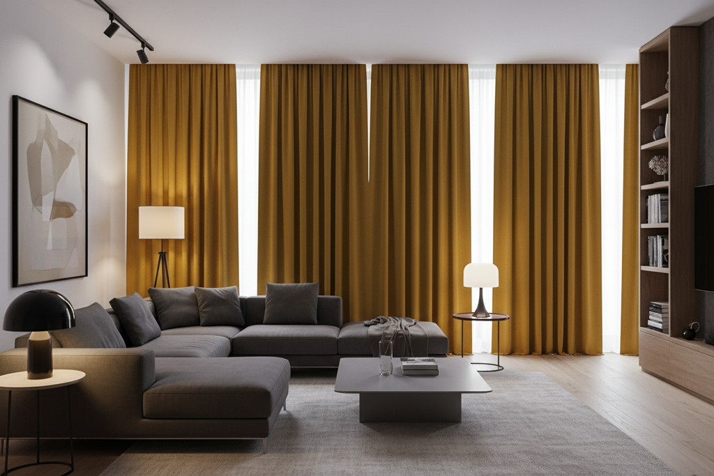 Salon avec rideaux jaune moutarde occultants