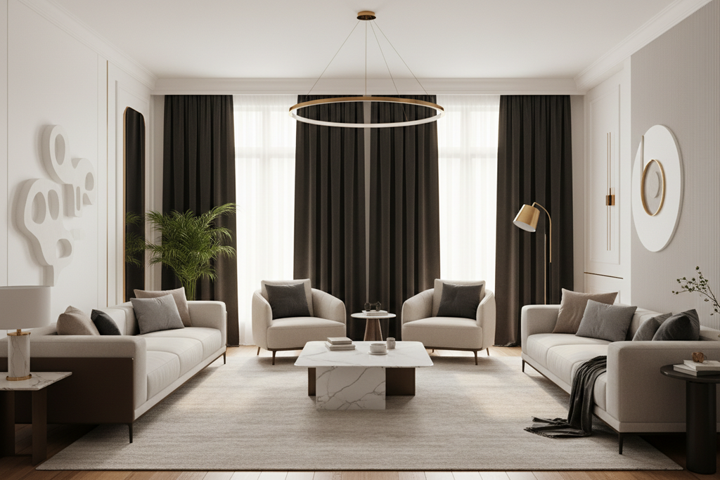 Salon avec rideaux noir