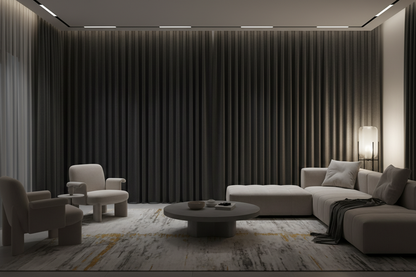 Salon avec rideaux occultants gris foncé