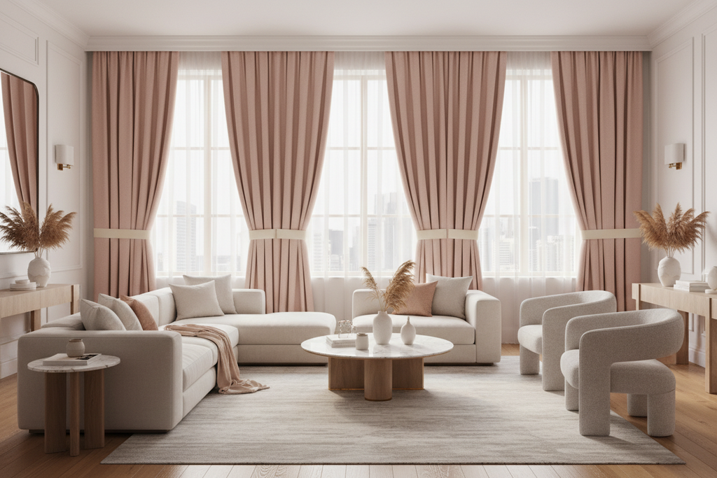 Salon avec rideaux rose