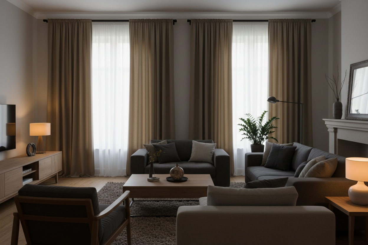 Salon avec rideaux taupe bloquant la lumière