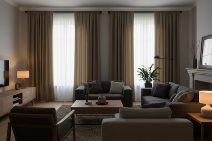 Salon avec rideaux taupe bloquant la lumière