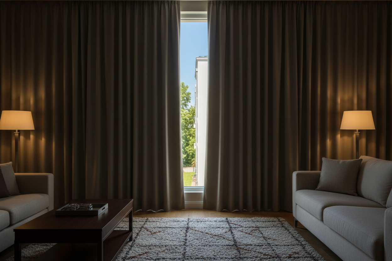 Salon avec rideaux taupe bloquant soleil