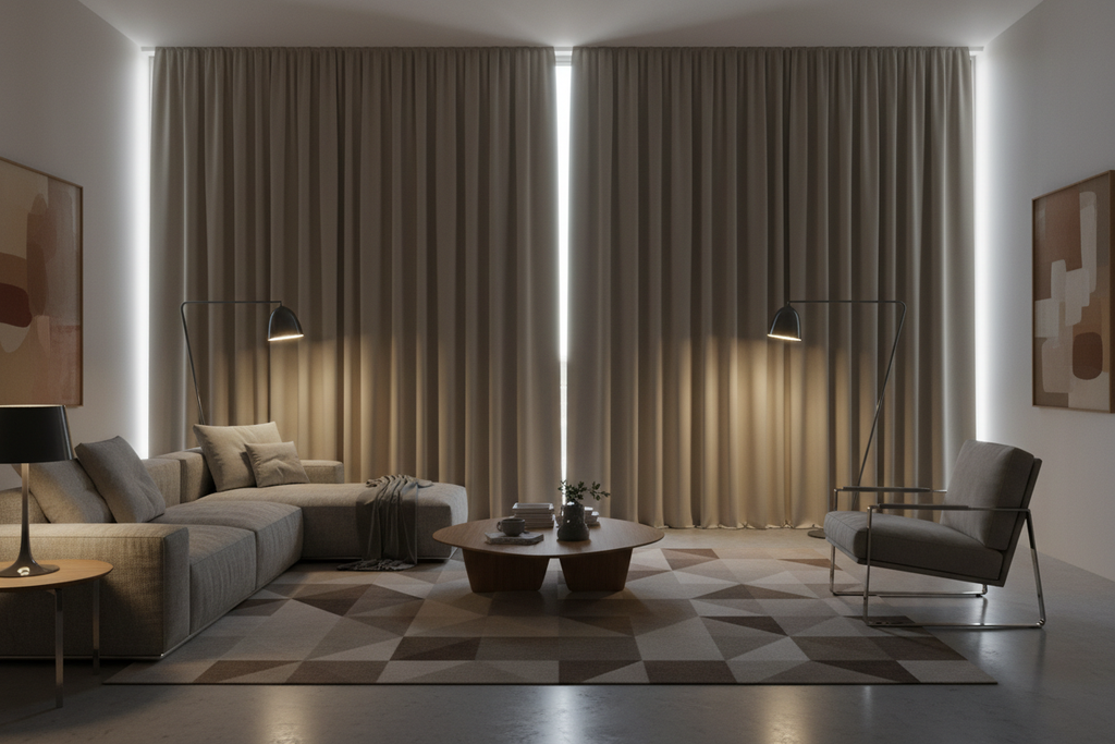 Salon avec rideaux taupe occultants