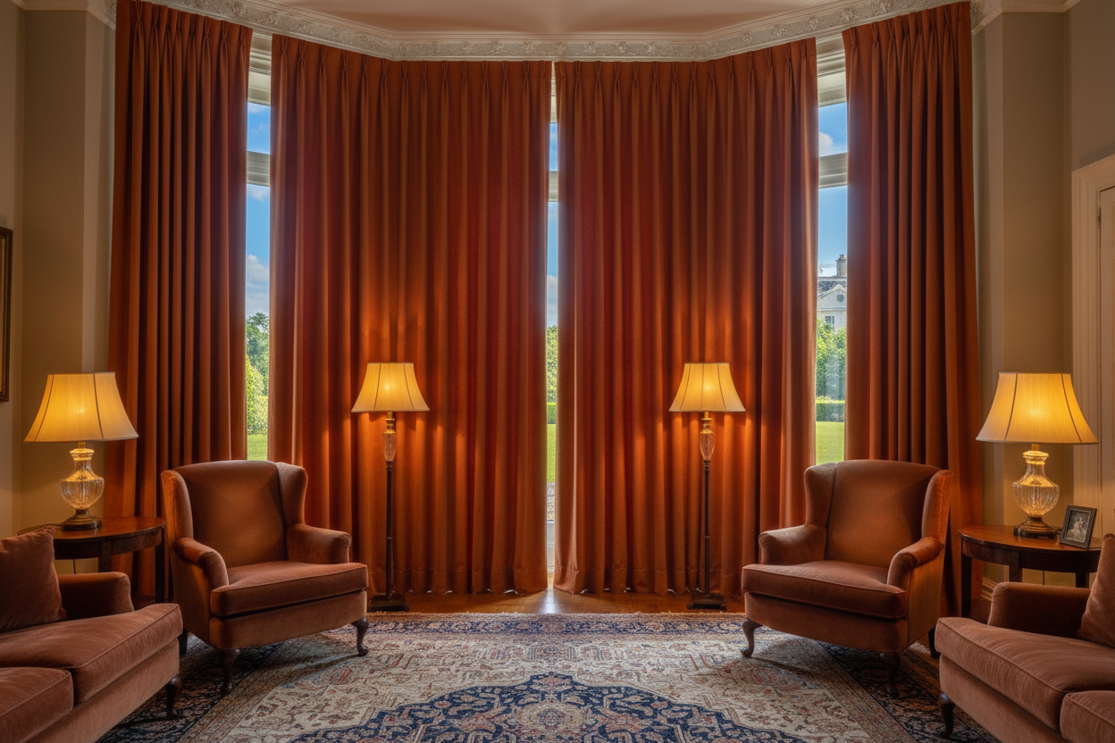 Salon avec rideaux terracotta bloquant soleil