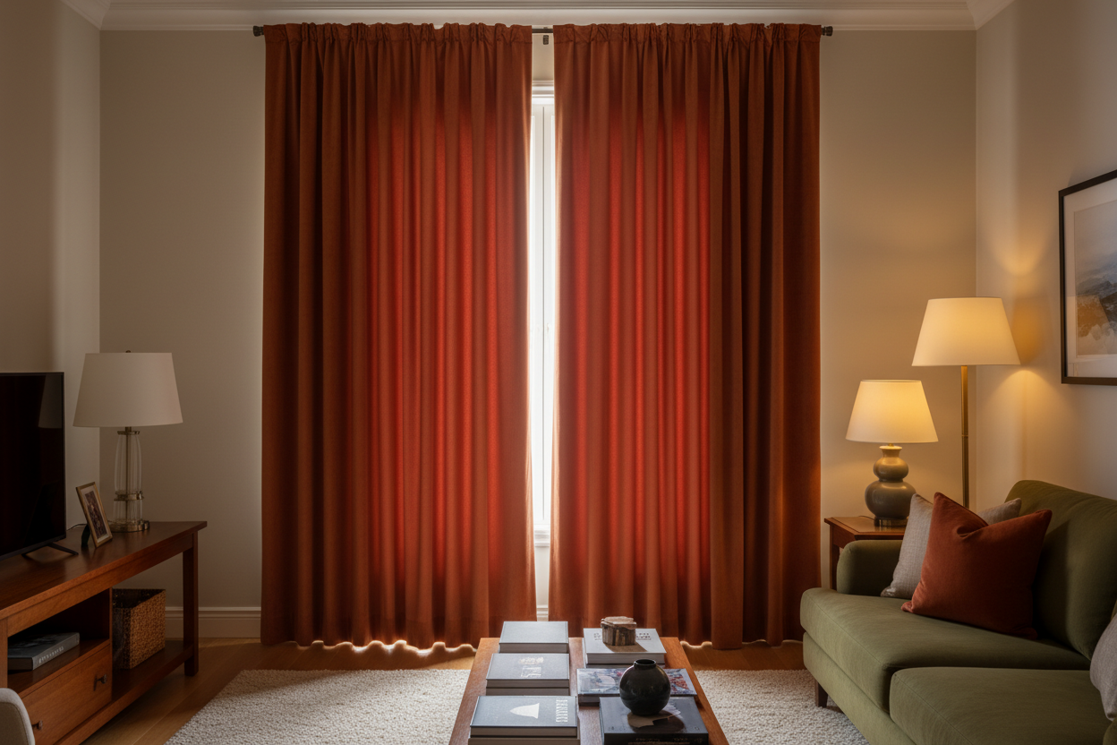 Salon avec rideaux terracotta bloquant soleil