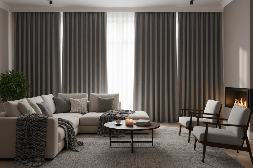 Salon avec rideaux thermiques gris