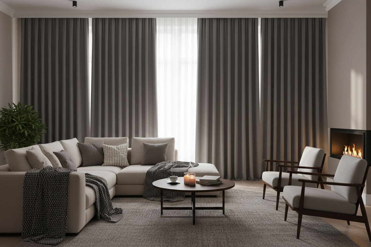 Salon avec rideaux thermiques gris