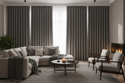 Salon avec rideaux thermiques gris