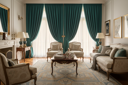 Salon avec rideaux vert turquoise