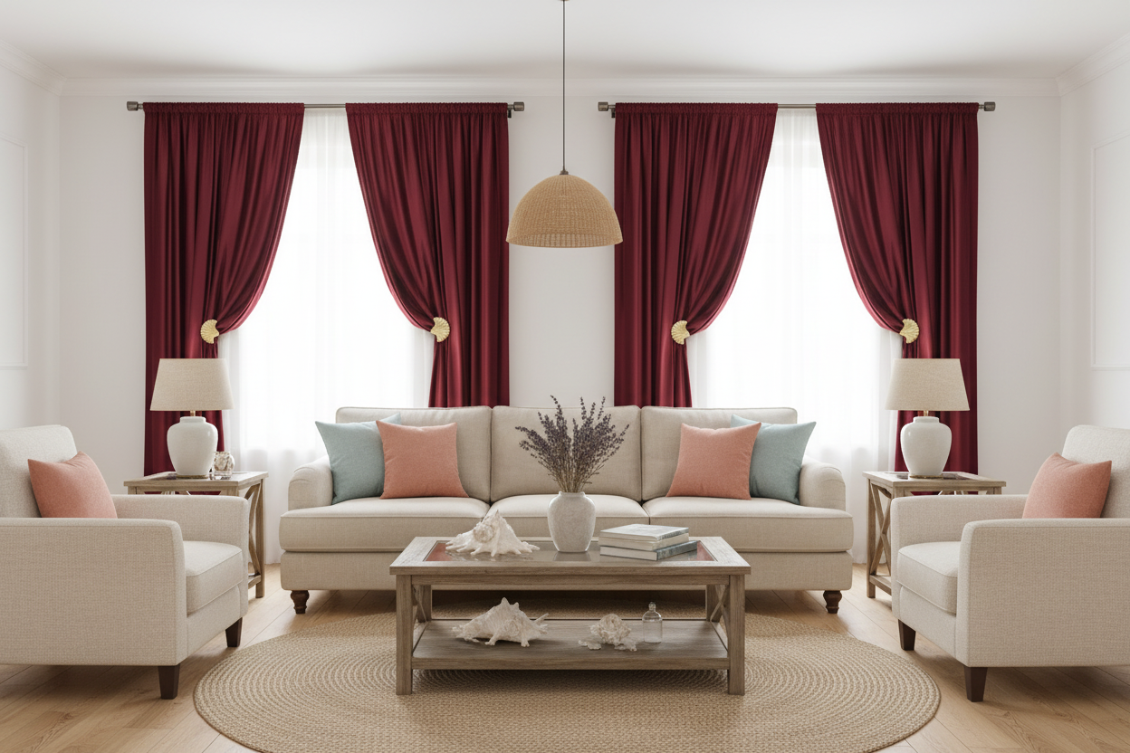 Salon côtier avec rideau bordeaux velours