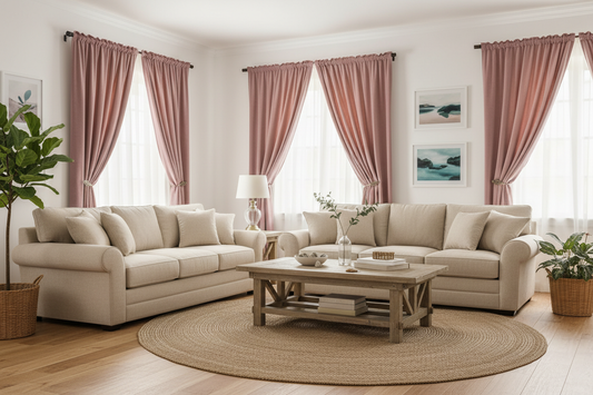 Salon côtier avec rideau rose velours