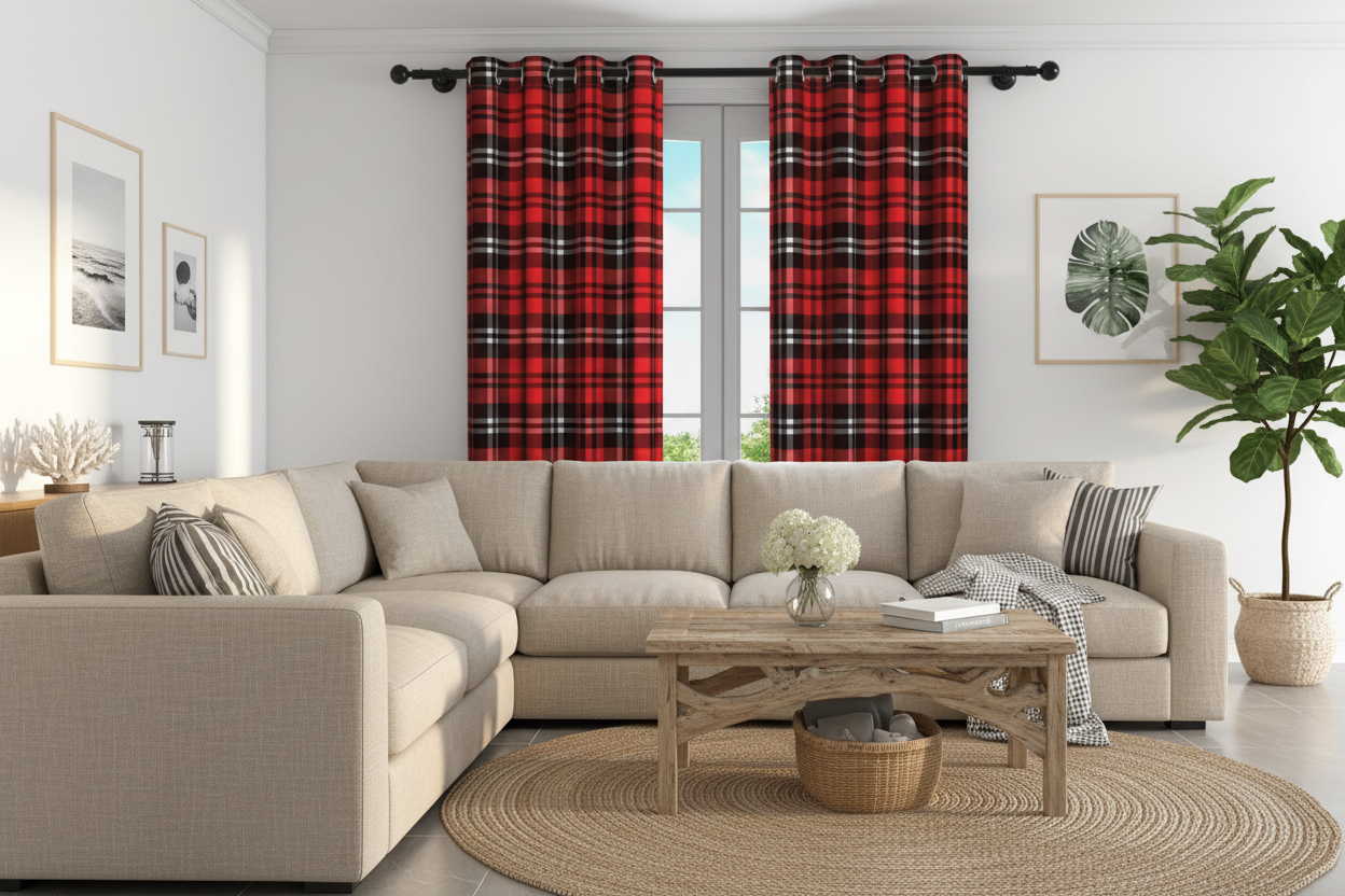 Salon côtier avec rideau rouge à carreaux jaunes