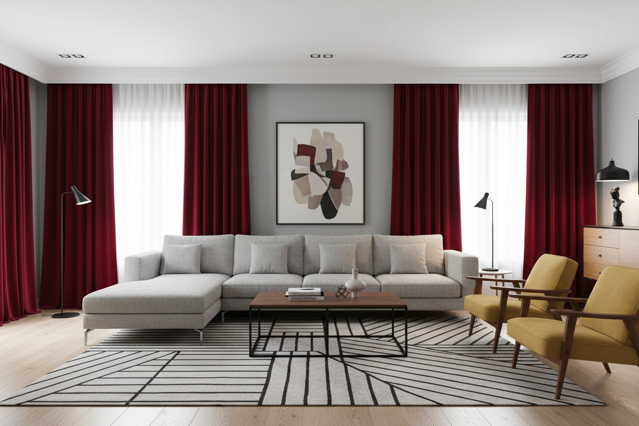 Salon contemporain avec rideau bordeaux velours