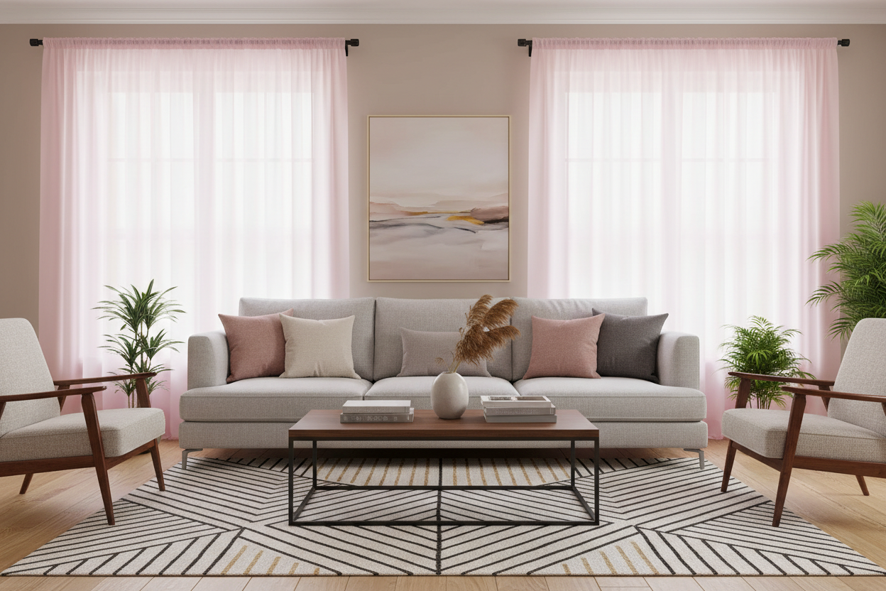 Salon contemporain avec rideau rose voilage