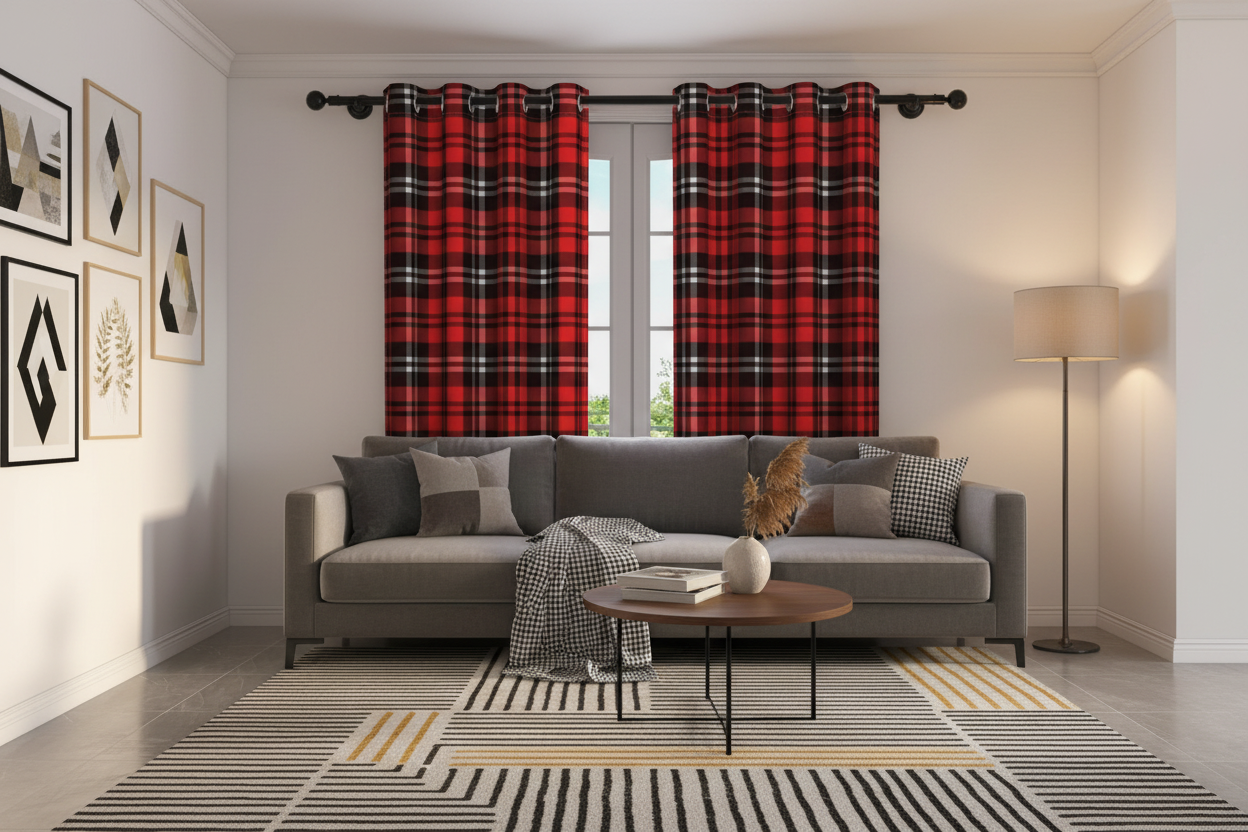 Salon contemporain avec rideau rouge à carreaux jaunes
