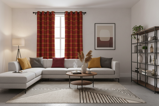 Salon contemporain avec rideau rouge à carreaux jaunes