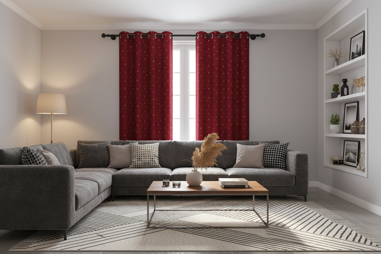 Salon contemporain avec rideau rouge à points dorés