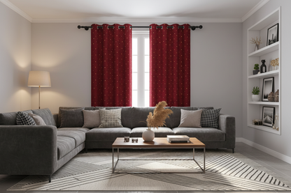 Salon contemporain avec rideau rouge à points dorés