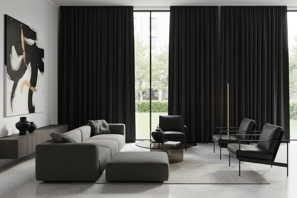 Salon contemporain avec rideaux noir