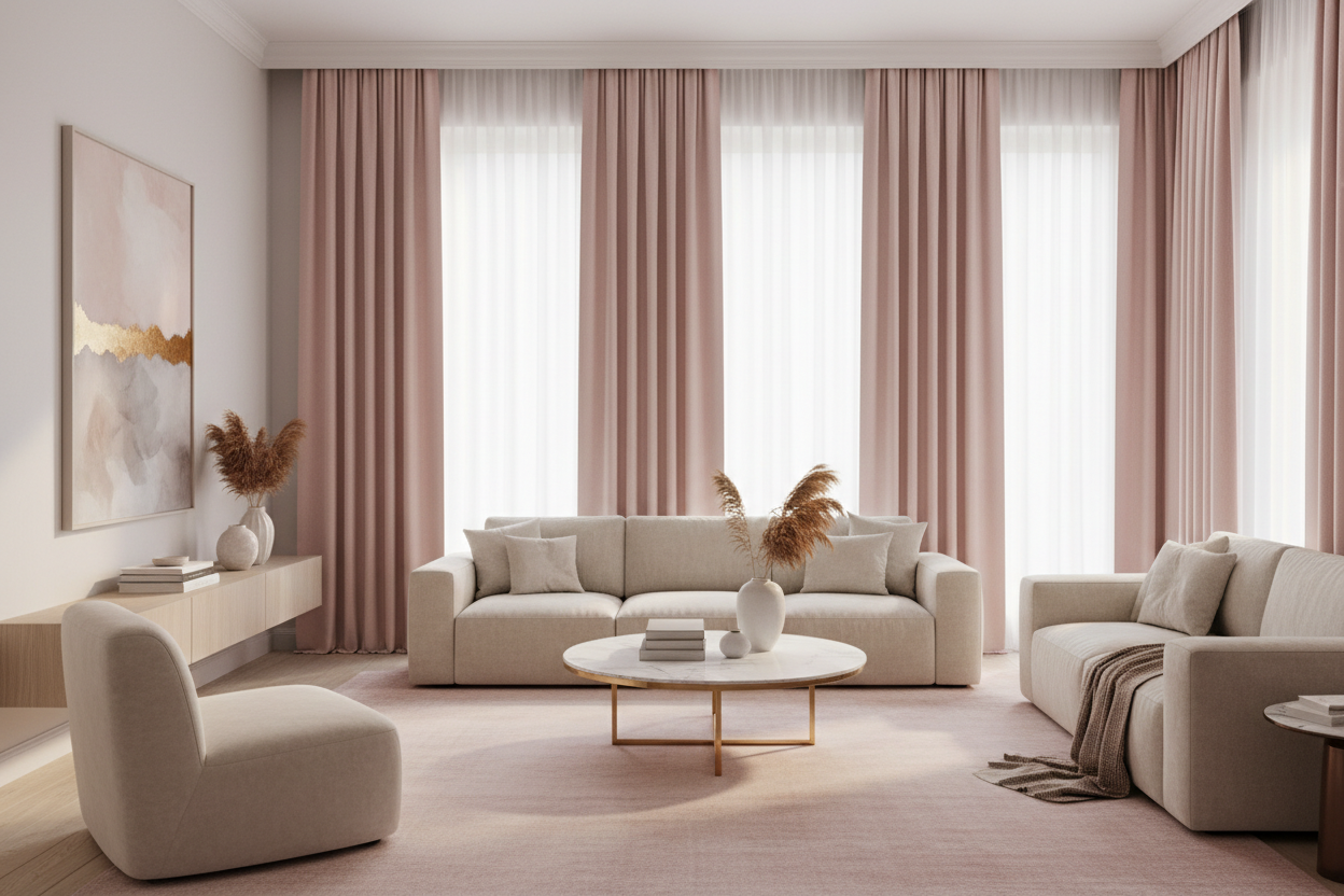 Salon contemporain avec rideaux rose