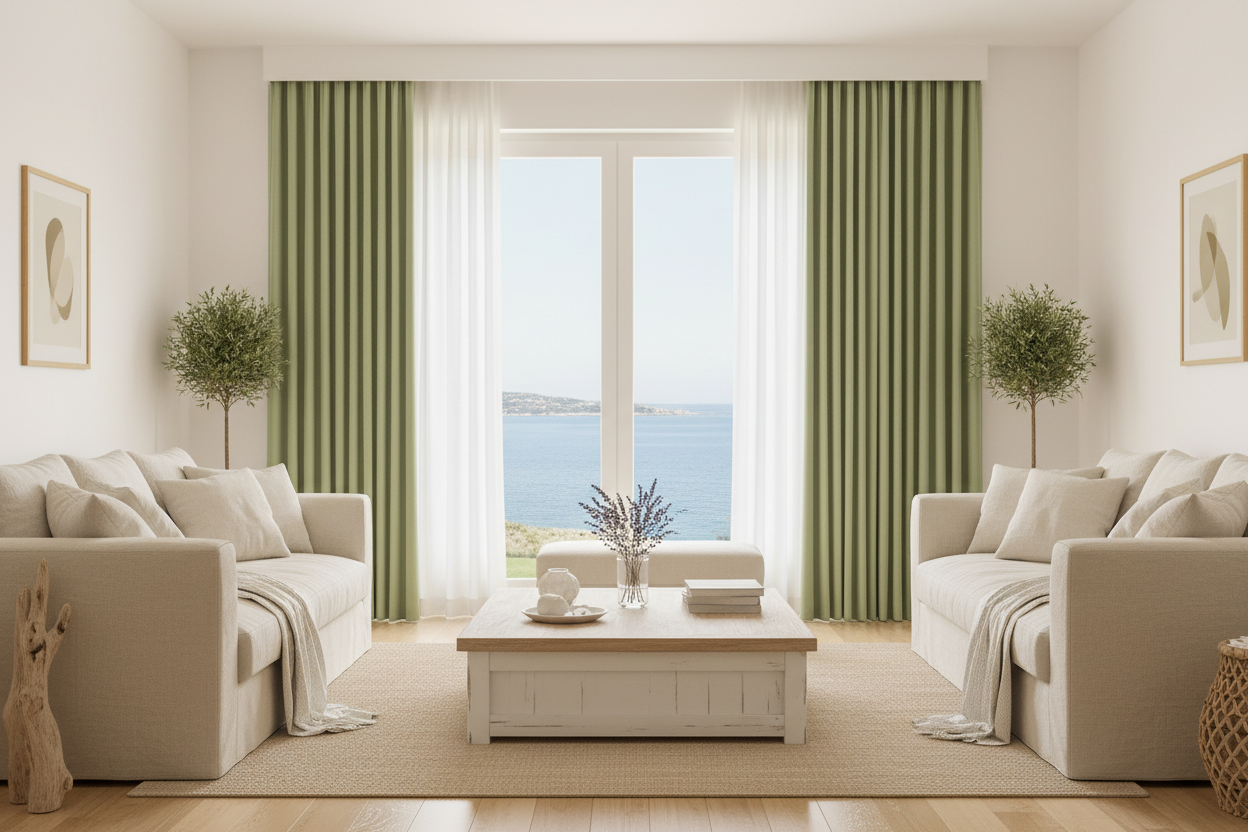 Salon de maison de plage avec rideaux BELMOND vert romarin et anneaux