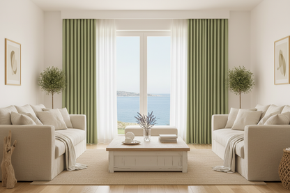 Salon de maison de plage avec rideaux BELMOND vert romarin et anneaux